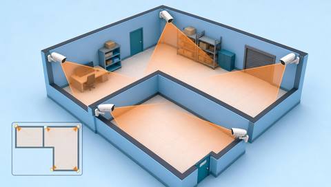 Illustrative facility plan with camera-source markers