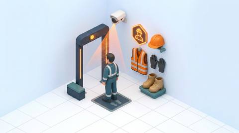 Illustrative work-area camera view with PPE review annotations