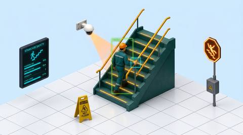 Illustrative stairwell view showing a landing selected for review